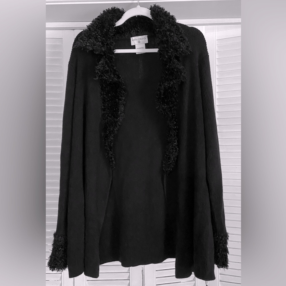 Vintage 52 Weekends Kathy Ireland Faux Fur Black Cardigan Sweater, Size 2X